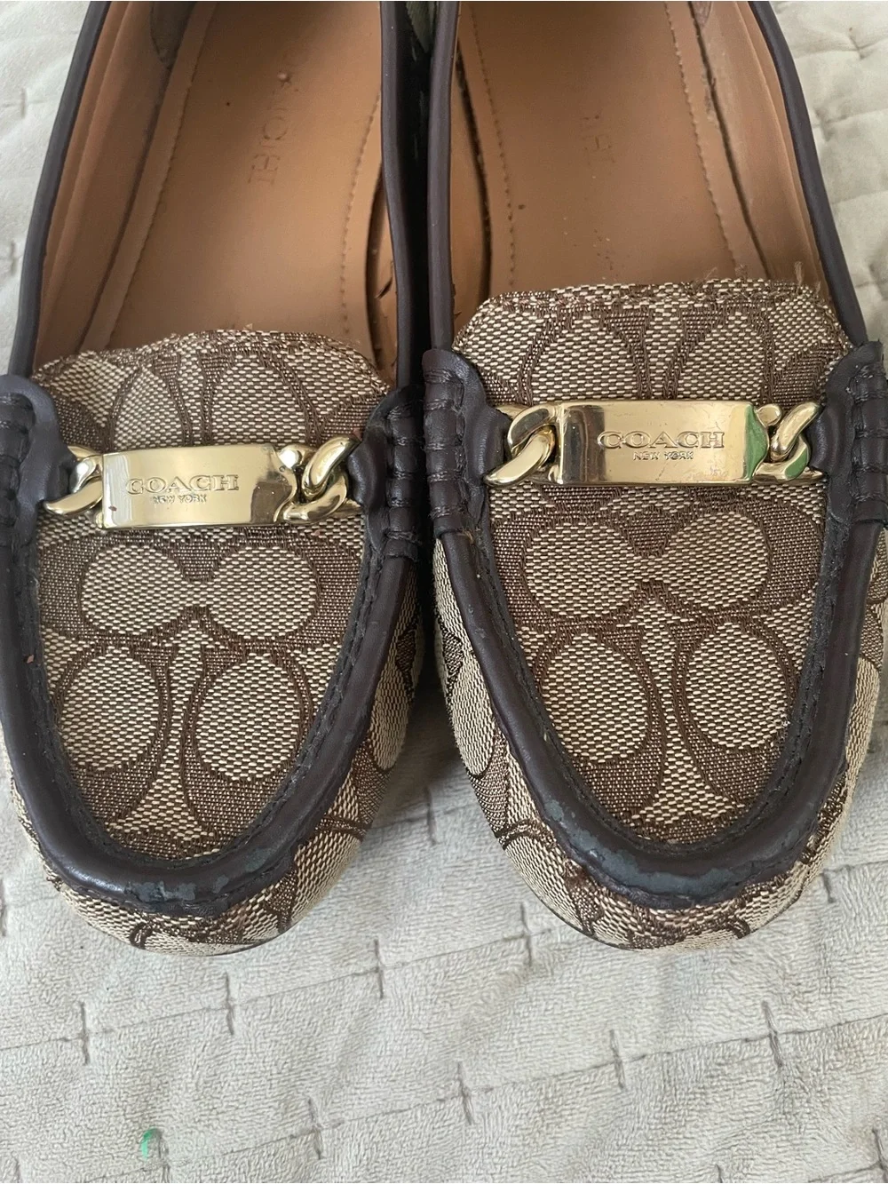 Coach Brown Signature Canvas Moccasins with Gold Plaque